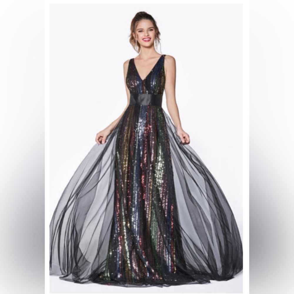 Sleeveless V-Neck Black Rainbow Sequin Prom Dress